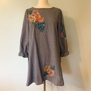 Philosophy Blue Striped Long Sleeve Dress with Floral Accents